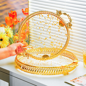 Metal <b>Serving</b> <b>Tray</b> With Floral Design <b>Gold</b> Plated Round <b>Tray</b> For Home Dining Table Decorative Fruit Plate Snack Dish Display - Product Image 2