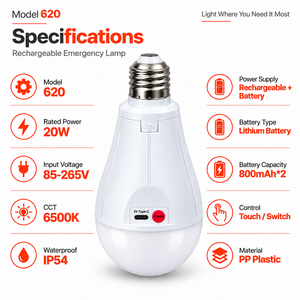 Bombilla LED E27 Portátil Recargable por USB con Batería de Litio de Respaldo de 20W AC 85-265V 6500K, Iluminación de Emergencia IP54 Resistente al Agua para el Hogar - Product Image 3
