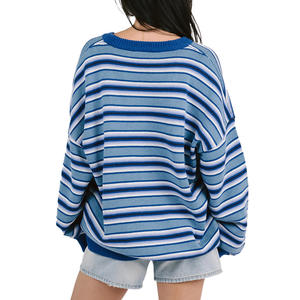 Maglione da <span class=keywords><strong>Donna</strong></span> Personalizzato all'Ingrosso, 100% Cotone, <span class=keywords><strong>Oversize</strong></span> con Collo Tondo, Multi-Strisce, Stile Urbano e Casual Rilassato - Product Image 4