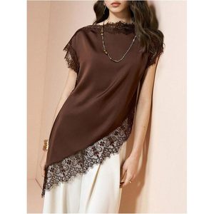 Robe d'été élégante en satin et dentelle pour femme, col rond, sans manches, asymétrique, transparente, pour sortir - Product Image 4