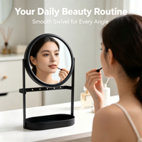 Miroir de courtoisie rond personnalisé avec plateau de présentation pour boucles d'oreilles, socle en métal noir mat, miroir cosmétique en gros
