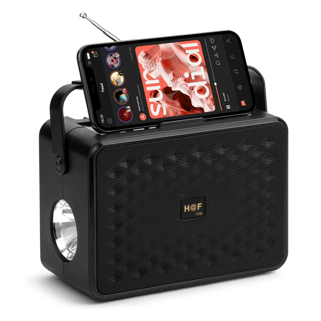 Portable Wireless Speaker Solar Powered with FM Radio Antenna Stereo Sound USB/TF/FM/BT/TWS/LED Flashlight for Outdoor
