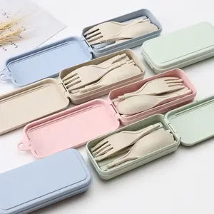 Portable Detachable 4PCS Spoon Fork Knife Chopsticks Set Wheat Straw Flatware 4pcs Folding Portable Cutlery Set With Case