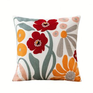 Embroidered Cotton Decorative <b>Throw</b> Pillow <b>Cover</b> 18x18 Inch Boho Farmhouse Floral Pillowcase for Living Room <b>Sofa</b> - Product Image 3