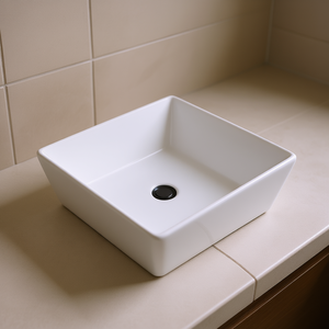 Vasque de salle de bain carrée en céramique blanche 16x16 pouces, montage sur plan, finition brillante moderne - Product Image 2