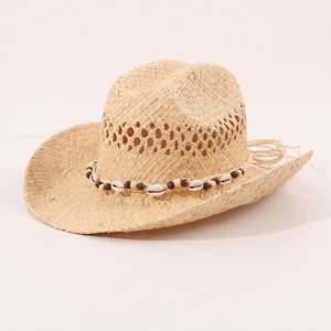 Nouveau Chapeau de Soleil d'Été Fait Main en Paille de Raphia, Style Cowboy, Design Creux, Chapeau de Plage Décontracté avec Décoration Coquillages - Product Image 4