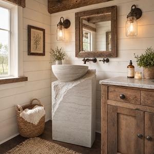 Poulars En gros Lavabo de luxe mural en pierre naturelle et pierre artificielle, avec piédestal, pour lavage des mains, en marbre blanc et bois - Product Image 1
