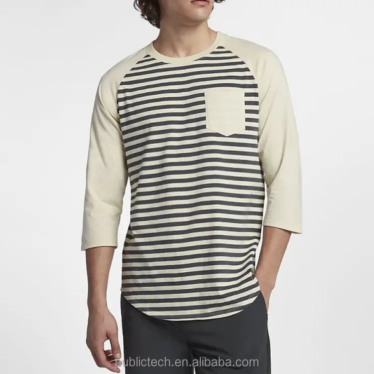 OEM Custom gym sport longline stripe raglan longline mens full long sleeve t shirts with front pocket