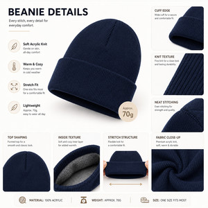 Custom Logo Knitted Beanie <b>Hat</b> 26 Colors Soft Acrylic <b>Winter</b> Warm Skull Cap Wholesale Promotional Blank Cuffed Beanie - Product Image 5