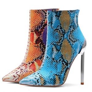 Blue Snakeskin Print Women High Heels Ankle <b>Boots</b> Large Size 45 Basic Metal Thin Heel Stiletto Dress Shoes Party Short <b>Boots</b> - Product Image 6