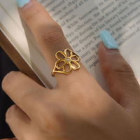X&L Delicate Hollow Flower Star ZIRCON Open Cuff Ring 18K Gold Plated Stainless Steel Tarnish Free Sweet Daily Jewelry for Women