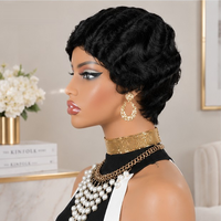 Wig Rambut Manusia Berlapis Warna Hitam Alami Pixie Finger Wave Wig Rambut Manusia Buatan Mesin Remy untuk Wanita