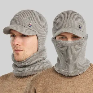 Q35 Men Neck Warmer Infinity Scarf Hat Set Knitted Cap Winter Warm Fleece Lining Scarf Hat Sets