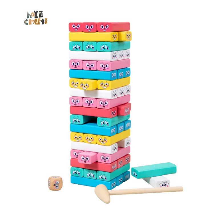 Jouet éducatif en bois 54 pièces blocs d'équilibre motifs d'expression de dessin animé jeu de blocs de domino empilable classique