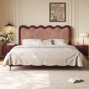 Letto matrimoniale imbottito in tessuto ciniglia francese, set di mobili per camera da letto di lusso in legno ecologico, comodo <span class=keywords><strong>comodino</strong></span> ondulato e grazioso - Product Image 1