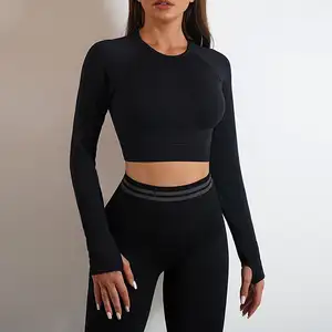 2PCS Ensemble de yoga sans coutures Vêtements d'entraînement à manches longues pour femmes Leggings froissés pour les fesses Ensembles de vêtements de sport pour femmes