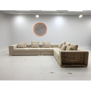 Ensemble de canapés modulaires en bois et tissu en forme de L pour salon, 7 places, meubles modernes de luxe italiens avec éclairage LED - Product Image 1