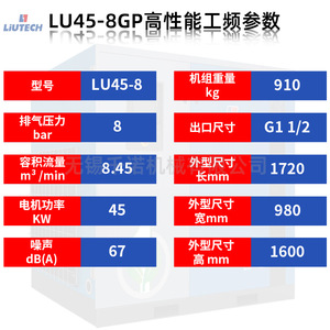 เครื่องอัดอากาศแบบสกรู Liutech รุ่น LU45-8GP แบบหล่อลื่นด้วยน้ำมัน อินเวอร์เตอร์ ประหยัดพลังงาน สำหรับอุตสาหกรรม - Product Image 2