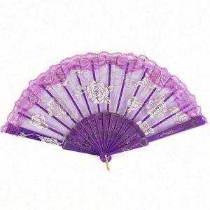 Hot Sale Fashion Foldable Lace <b>Edge</b> Rose PP Hot Stamping <b>Plastic</b> Bone Hand Fan 23x42.5cm Custom Tags for Wedding Gift - Product Image 1