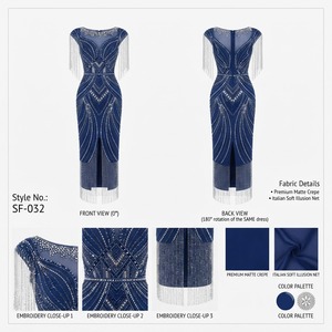 Vestido Largo Azul Marino para Mujer, Estilo Art Deco, con Bordado, Detalle de Flecos de Cristal en el Hombro, Satinado Moderno, Elegante y Ajustado - Product Image 1