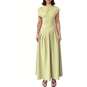 เดรสยาวคอไม่สมมาตรสำหรับผู้หญิง กระโปรงจีบแบบไม่มีแขน สไตล์มินิมอลทันสมัย ชุดเดรสแฟชั่น - Product Image 5