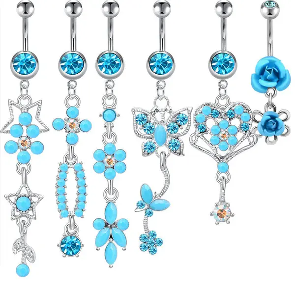 Anello pendente con fiore di farfalla blu 14G in acciaio chirurgico per ombelico anello Piercing gioielli