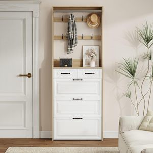 Meuble à chaussures haut autoportant en bois clair OEM avec panneau MDF, 3 tiroirs basculants, 2 tiroirs de rangement et patère murale pour entrée - Product Image 1