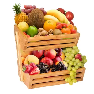 מתלה לאחסון ירקות פירות במבוק סלסלת עץ פירות במבוק 2 קומות מתלה במבוק פירות