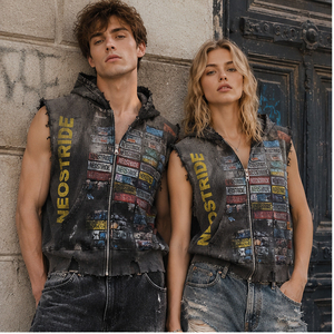 Hoodie <span class=keywords><strong>sans</strong></span> manches pour <span class=keywords><strong>homme</strong></span> avec détails effilochés, bords bruts, effet vieilli, motifs multi-étiquettes, et Hoodie zippé personnalisé en tricot gaufré pour <span class=keywords><strong>homme</strong></span>, idéal pour l'entraînement - Product Image 3