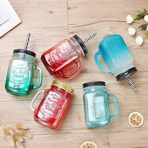 Venta directa de fábrica <span class=keywords><strong>Gallo</strong></span> Gradiente Bebida Taza de agua con tapa Mango de paja Vidrio Mason para té de la leche Calidad Drinkware - Product Image 2