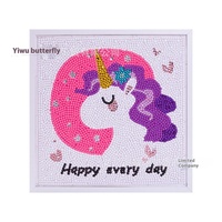Peintures Diamantées DIY Faits Main pour Murale, Motif Licorne de Dessin Animé, Cadre Inclus, Vente en Gros Transfrontalière, Station Indépendante