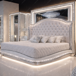 ชุดเฟอร์นิเจอร์ห้องนอนหรูหราสไตล์ยุโรป ผ้าหุ้มเตียงแบบทัฟท์ พร้อมไฟ LED ตู้เสื้อผ้าบานกระจก โต๊ะข้างเตียง ดีไซน์ทันสมัย เหมาะสำหรับโรงแรม/วิลล่า พร้อมพื้นที่จัดเก็บ - Product Image 1