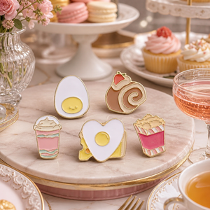 Set di Spille in Metallo Smaltato Morbido a Tema Cibo Carino: Uovo, Rotolo Svizzero, Milkshake, Toast, <span class=keywords><strong>Popcorn</strong></span>. Spilla Kawaii, Distintivo da Bavero in Metallo Dorato, Regalo a Tema Snack. - Product Image 2