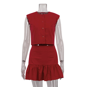 Haut et minijupe coton <span class=keywords><strong>rouge</strong></span> <span class=keywords><strong>2</strong></span> <span class=keywords><strong>pièces</strong></span> été mini jupe ensembles femmes - Product Image 2