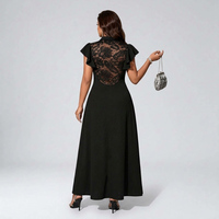 Robe Blazer Florale Décontractée Noire Élégante et Audacieuse pour Femmes Rondes, Col en V, Coupe Trapèze, Manches à Volants, Taille Naturelle, Fente Haute, Dos en Dentelle