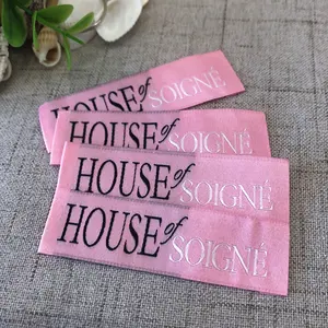 Custom sewing folding labels clothing tags pink cloth garment woven labels with own logo brand name