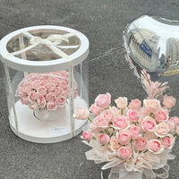 Fête des Mères PVC Fenêtre Cadeau Seau Rond Rose Boîte à Fleurs avec Couvercle Transparent pour Emballage de Fleurs Fraîches ou Artificielles