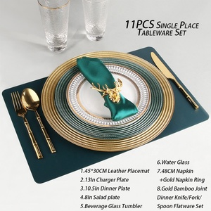 Ensemble <span class=keywords><strong>de</strong></span> vaisselle <span class=keywords><strong>de</strong></span> luxe vert émeraude 11 pièces, service individuel, avec assiette <span class=keywords><strong>de</strong></span> présentation en verre spirale à bord doré, couverts en bambou, vaisselle <span class=keywords><strong>de</strong></span> <span class=keywords><strong>table</strong></span>, idéal <span class=keywords><strong>pour</strong></span> un cadeau - Product Image 5