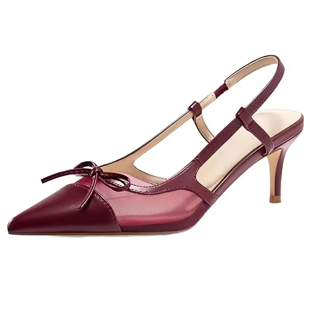 Women's Kitten Heels Slingback Mesh Pumps Ladies Formal Spring Bow Tie Closed Pointed Toe Dress Shoes for Girls