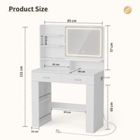 Coiffeuse moderne en MDF avec miroir LED, multiprise, éclairage 3 couleurs, 2 tiroirs, 9 étagères et support pour sèche-cheveux