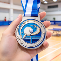 Médaille personnalisée de tennis de table en émail argenté et bleu, avec relief 3D de raquette et balle, trophée étoile pour le championnat