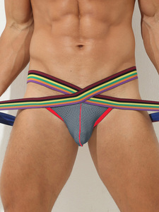 Slip perizoma da uomo in rete con fascia incrociata arcobaleno, sacchetto a U, traspirante, a vita bassa, sexy, all'ingrosso - Product Image 4