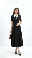 Robe midi noire élégante pour femme, prête à être expédiée, à manches courtes, col blanc, jupe plissée trapèze, pour le bureau, faible MOQ, grossiste