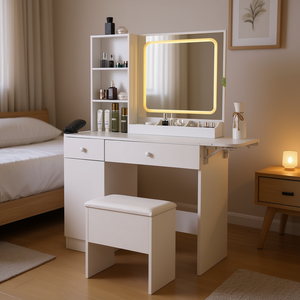 Makeup Vanity Desk <b>With</b> Lighted <b>Mirror</b> <b>Drawers</b> Modern Bedroom Furniture MDF White - Product Image 2