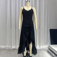 Nouvelle Collection Robe Longue Bohème à Bretelles, en Tricot avec Empiècements en Dentelle, Col en V, Bretelles Délicates, Robe de Soirée Cintrée à la Taille