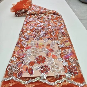 Tissu de robe de mariée en voile 100% polyester écologique brodé de fleurs avec <span class=keywords><strong>dentelle</strong></span> à sequins européenne et américaine, largeur 51'/52' - Product Image 4