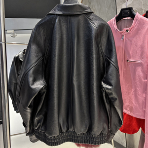 Blouson Bomber Oversize Ample en Véritable Peau de Mouton pour <span class=keywords><strong>Femme</strong></span>, Manteau Décontracté d'Automne en Cuir Véritable Grainé - Product Image 3