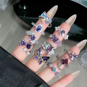 Luxury Inlaid Purple Color Zircon <b>Ring</b> for Women <b>Stacked</b> Open Sunflower Temperament Butterfly Open <b>Ring</b> Irregular Texture <b>Ring</b> - Product Image 2