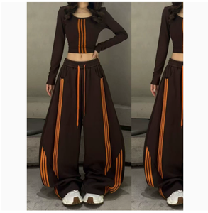 Women's <b>White</b> Striped Polyester <b>Long</b> <b>Sleeve</b> <b>Crop</b> <b>Top</b> and Wide Leg Sweatpants Set <b>with</b> Elastic Waistband and Drawstring - Product Image 3