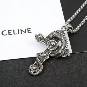<b>Cross</b> Pendant Necklace Men's Tibetan Silver Dragon Skull Design Fashion Sweater <b>Chain</b> Jewelry Gift Geometric Pattern JD215 - Product Image 2